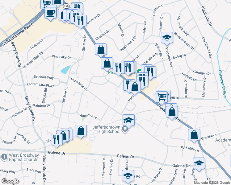 map of restaurants, bars, coffee shops, grocery stores, and more near 244 Stoke on Trent Street in Jeffersontown