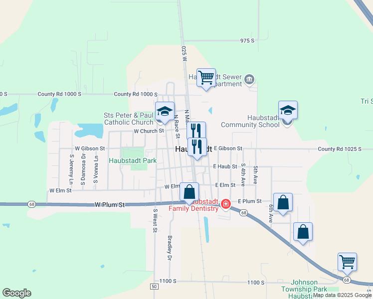 map of restaurants, bars, coffee shops, grocery stores, and more near 101 South Main Street in Haubstadt