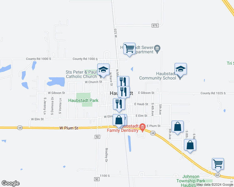 map of restaurants, bars, coffee shops, grocery stores, and more near 101 South Main Street in Haubstadt