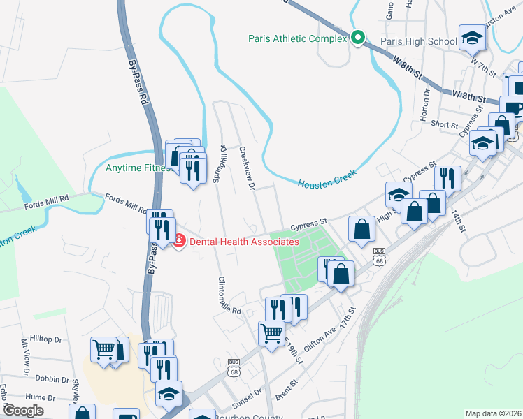 map of restaurants, bars, coffee shops, grocery stores, and more near 238 Creekview Drive in Paris