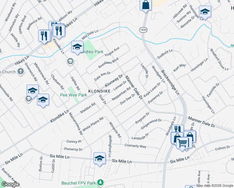 map of restaurants, bars, coffee shops, grocery stores, and more near 3015 Nepperhan Road in Louisville