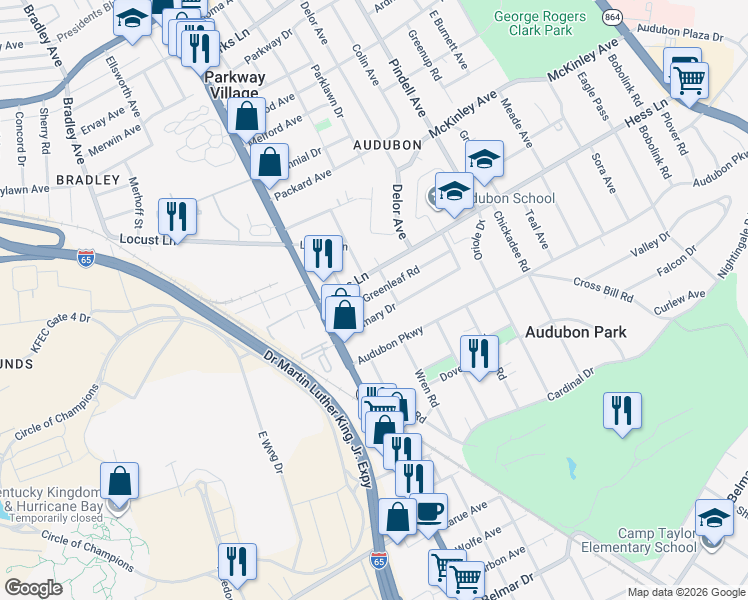 map of restaurants, bars, coffee shops, grocery stores, and more near 924 Greenleaf Road in Louisville