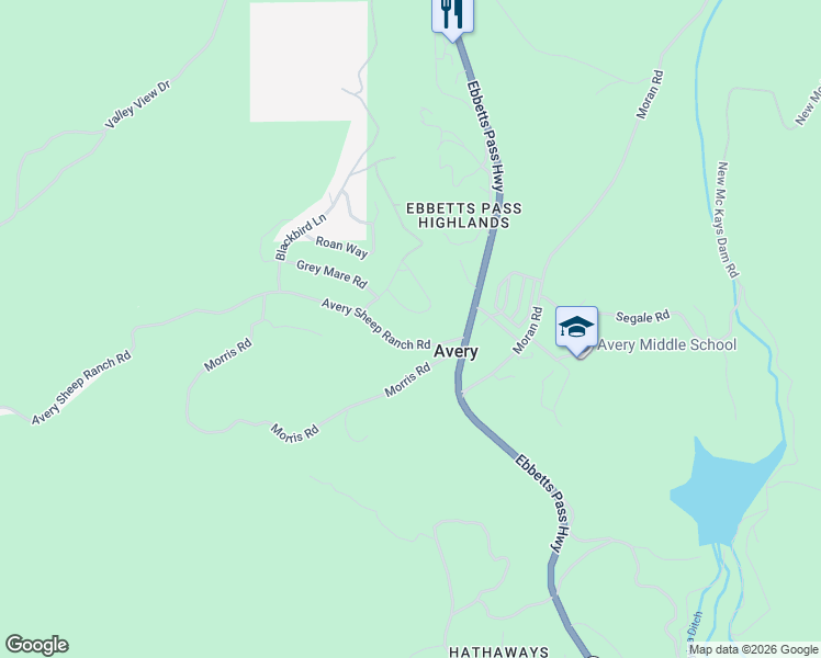map of restaurants, bars, coffee shops, grocery stores, and more near 118 Avery Sheep Ranch Road in Arnold