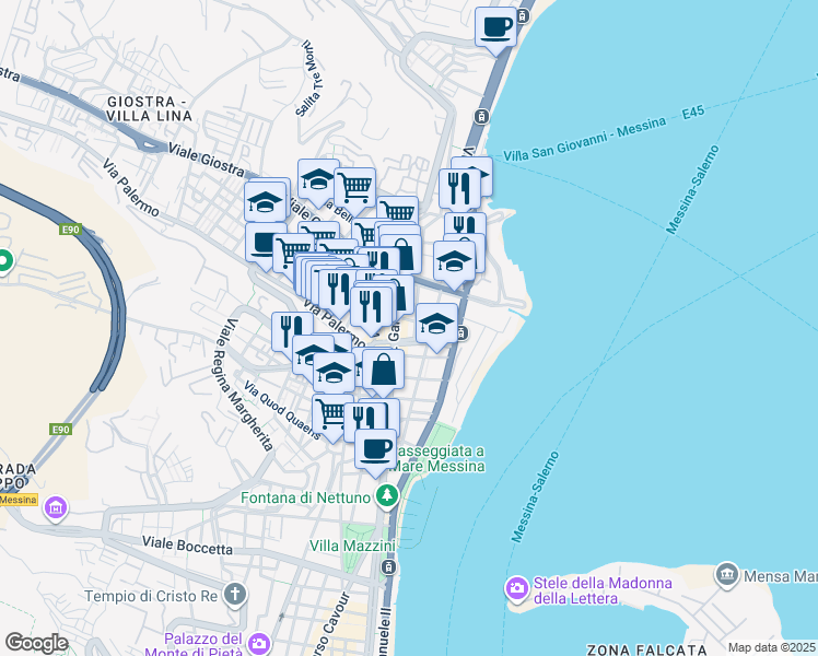 map of restaurants, bars, coffee shops, grocery stores, and more near 120 Via Placida in Messina