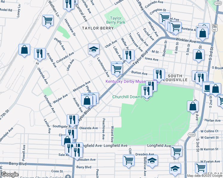 map of restaurants, bars, coffee shops, grocery stores, and more near 3141 U.S. 60 Alternate in Louisville