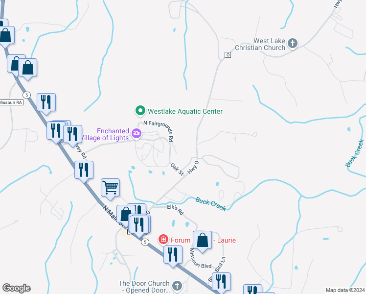 map of restaurants, bars, coffee shops, grocery stores, and more near 610 Highway O in Gravois Mills