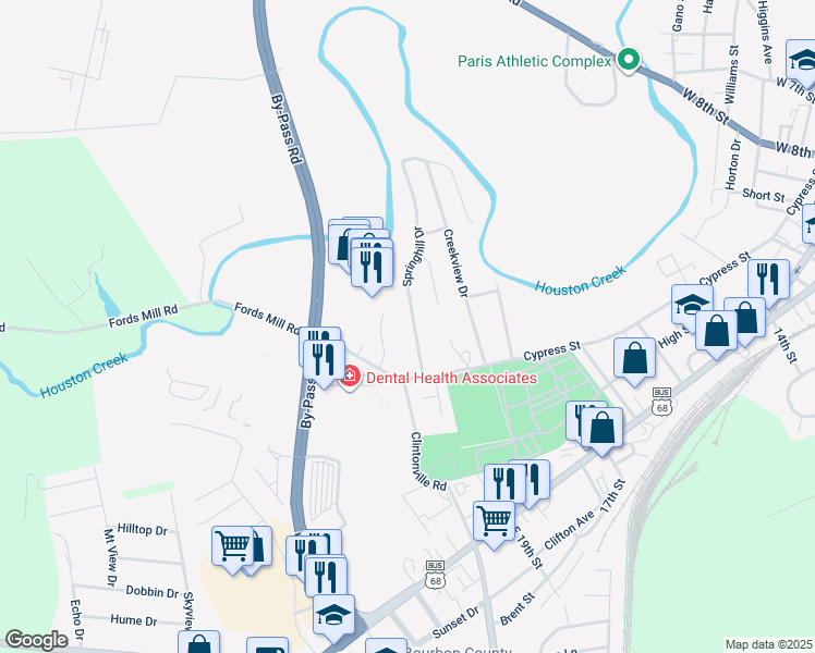 map of restaurants, bars, coffee shops, grocery stores, and more near 294 Springhill Drive in Paris