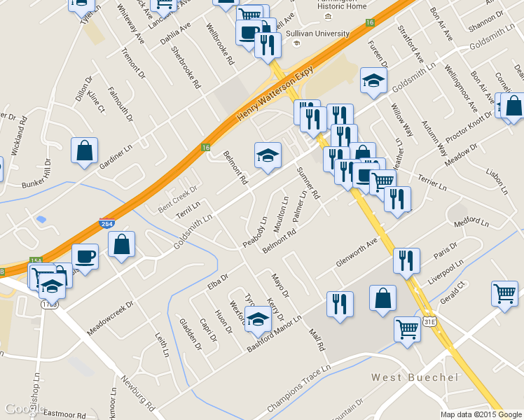 map of restaurants, bars, coffee shops, grocery stores, and more near 2115 Peabody Lane in Louisville