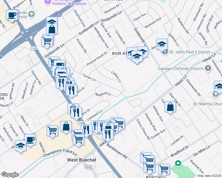 map of restaurants, bars, coffee shops, grocery stores, and more near 3532 Terrier Lane in Louisville