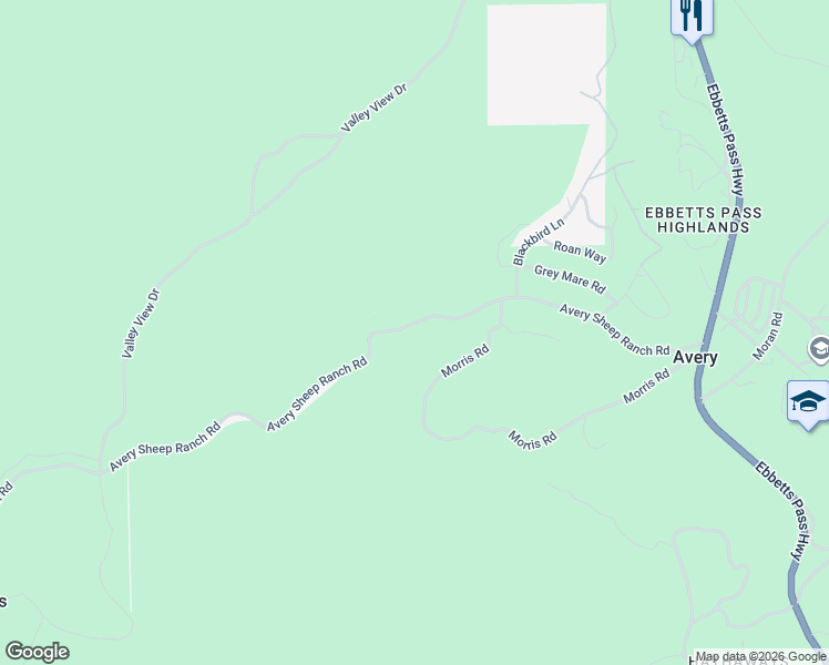 map of restaurants, bars, coffee shops, grocery stores, and more near 559 Avery Sheep Ranch Road in Avery