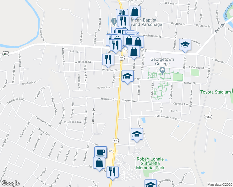 map of restaurants, bars, coffee shops, grocery stores, and more near 105 Highland Court in Georgetown