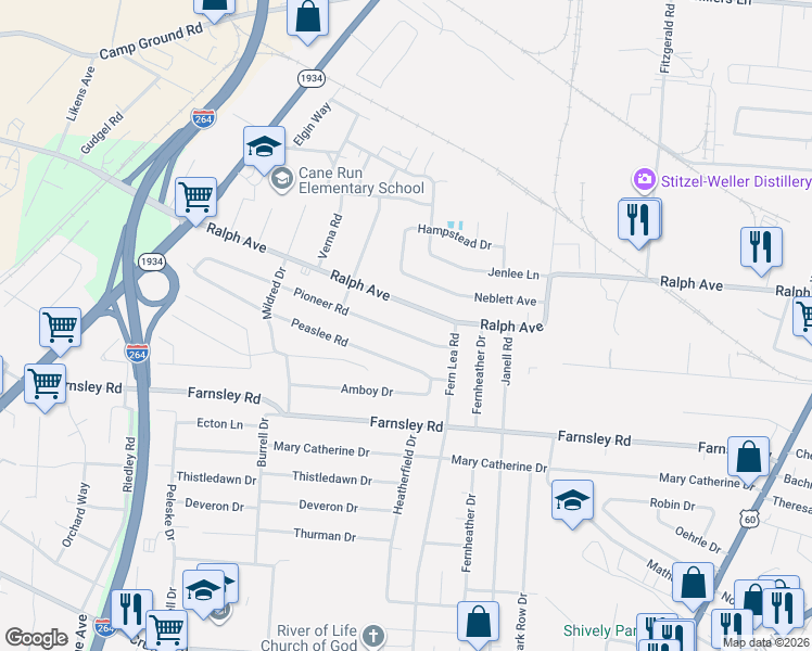 map of restaurants, bars, coffee shops, grocery stores, and more near 2607 Pioneer Road in Louisville