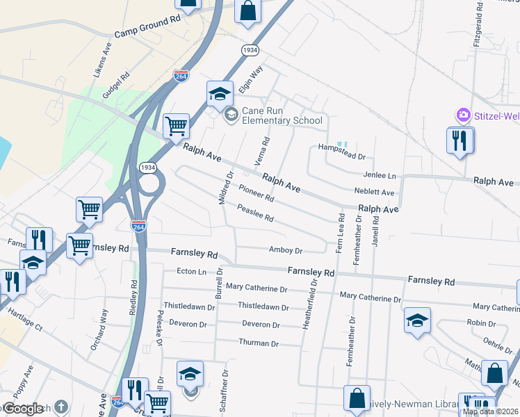 map of restaurants, bars, coffee shops, grocery stores, and more near 2231 Peaslee Road in Louisville