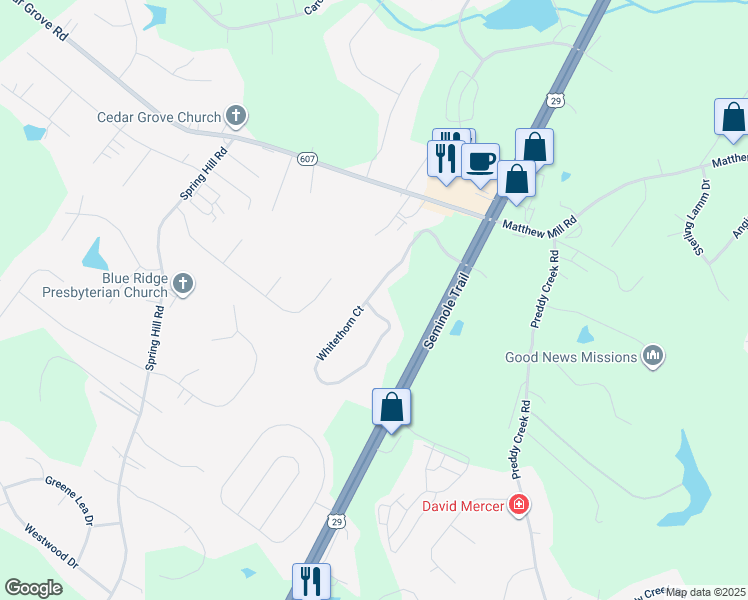 map of restaurants, bars, coffee shops, grocery stores, and more near 19 Whitethorn Court in Ruckersville