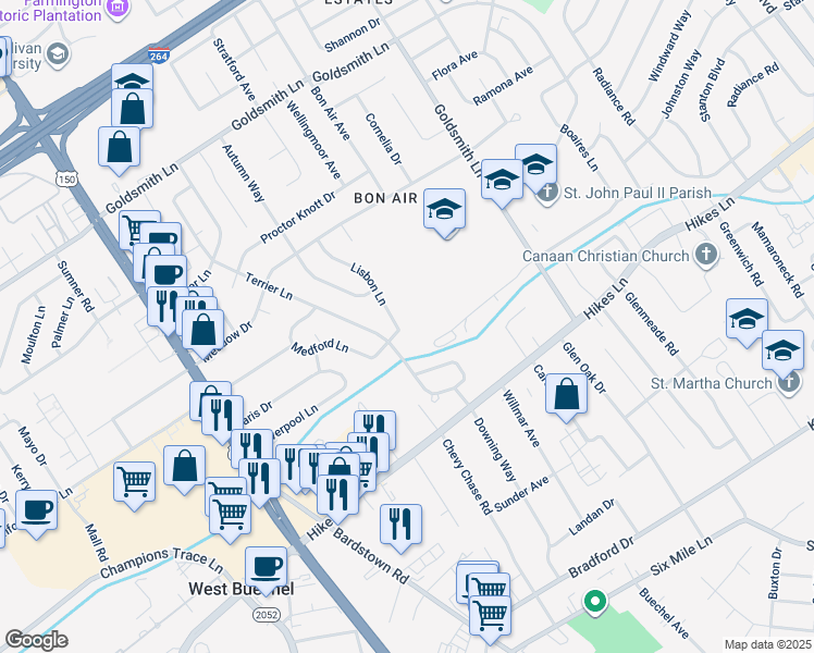 map of restaurants, bars, coffee shops, grocery stores, and more near 3552 Lisbon Lane in Louisville