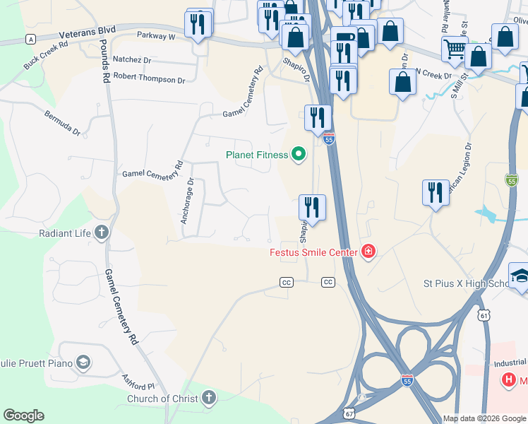 map of restaurants, bars, coffee shops, grocery stores, and more near 2000 Fairbanks Lane in Festus