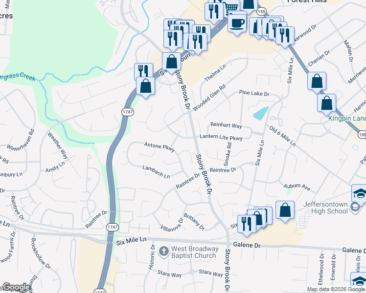 map of restaurants, bars, coffee shops, grocery stores, and more near 2911 Raven Court in Louisville