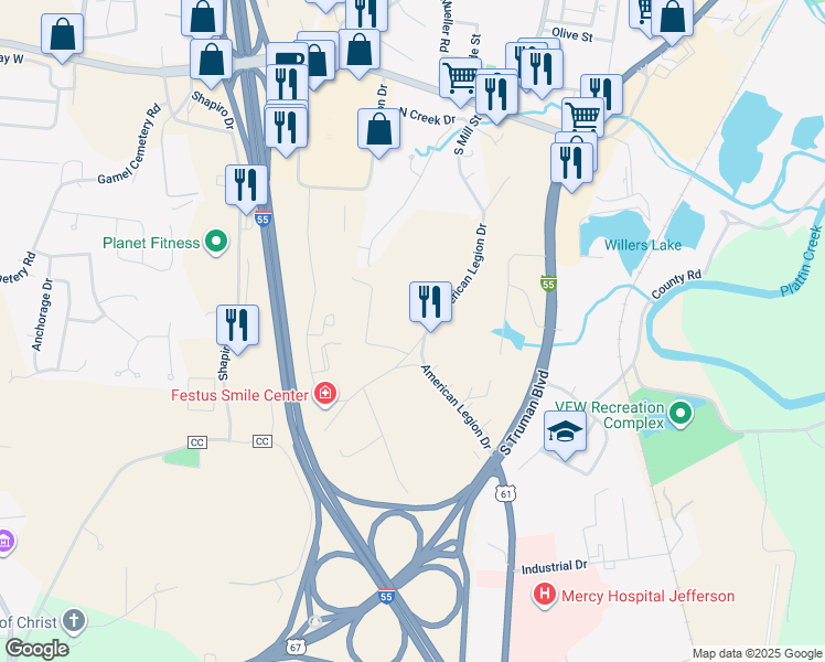 map of restaurants, bars, coffee shops, grocery stores, and more near 853 American Legion Drive in Festus