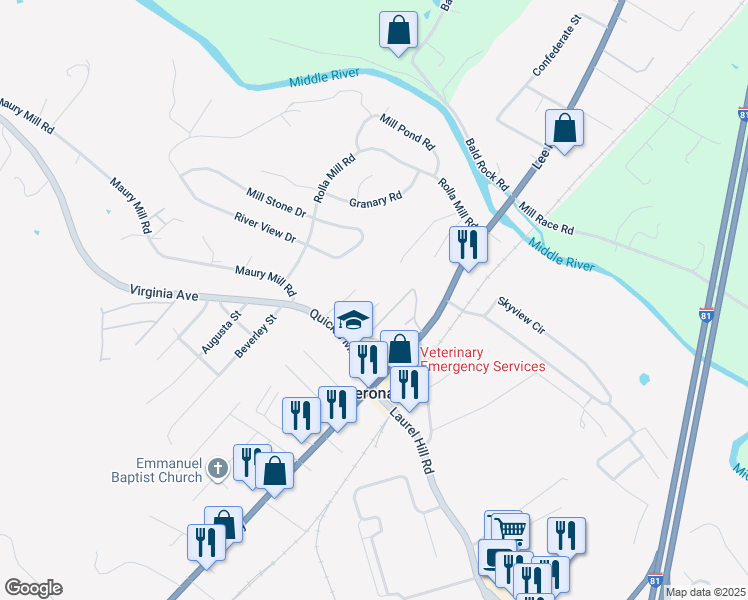 map of restaurants, bars, coffee shops, grocery stores, and more near 43 Lee Street in Verona