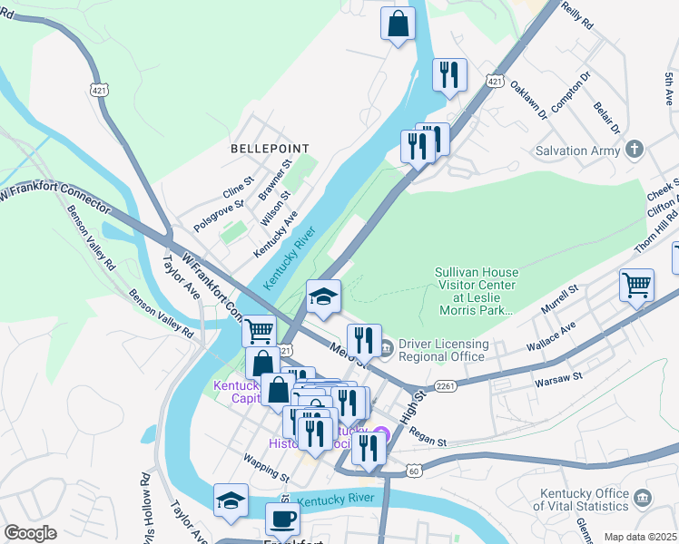 map of restaurants, bars, coffee shops, grocery stores, and more near 701-715 Wilkinson Boulevard in Frankfort
