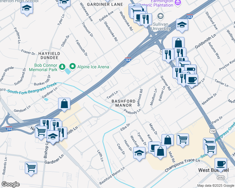 map of restaurants, bars, coffee shops, grocery stores, and more near 2004 Terril Lane in Louisville
