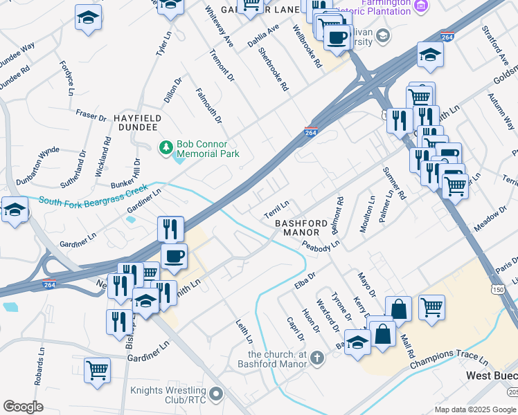 map of restaurants, bars, coffee shops, grocery stores, and more near 2001 Terril Lane in Louisville