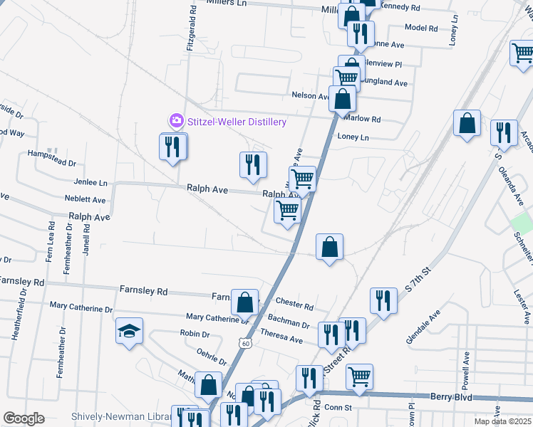 map of restaurants, bars, coffee shops, grocery stores, and more near 1902 Ramser Court in Louisville