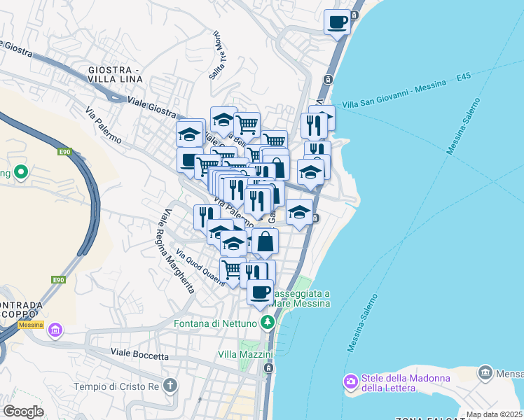 map of restaurants, bars, coffee shops, grocery stores, and more near 120 Via Placida in Messina