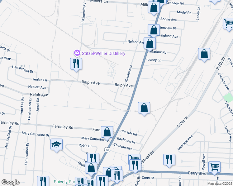 map of restaurants, bars, coffee shops, grocery stores, and more near Ramser Avenue in Louisville