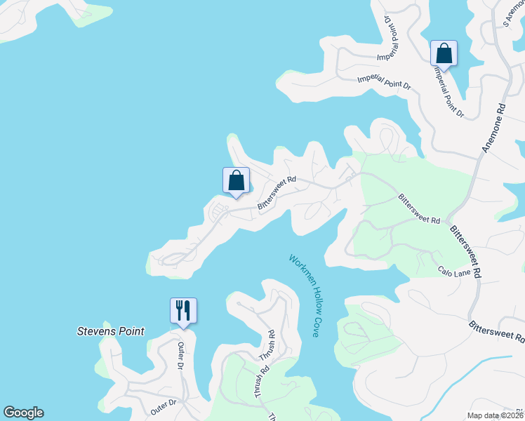 map of restaurants, bars, coffee shops, grocery stores, and more near 2264 Bittersweet Road in Lake Ozark