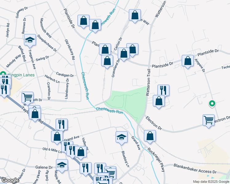 map of restaurants, bars, coffee shops, grocery stores, and more near 2701 Grassland Drive in Louisville