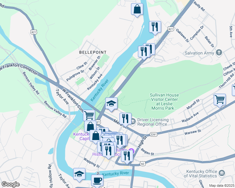 map of restaurants, bars, coffee shops, grocery stores, and more near 701-715 Wilkinson Boulevard in Frankfort