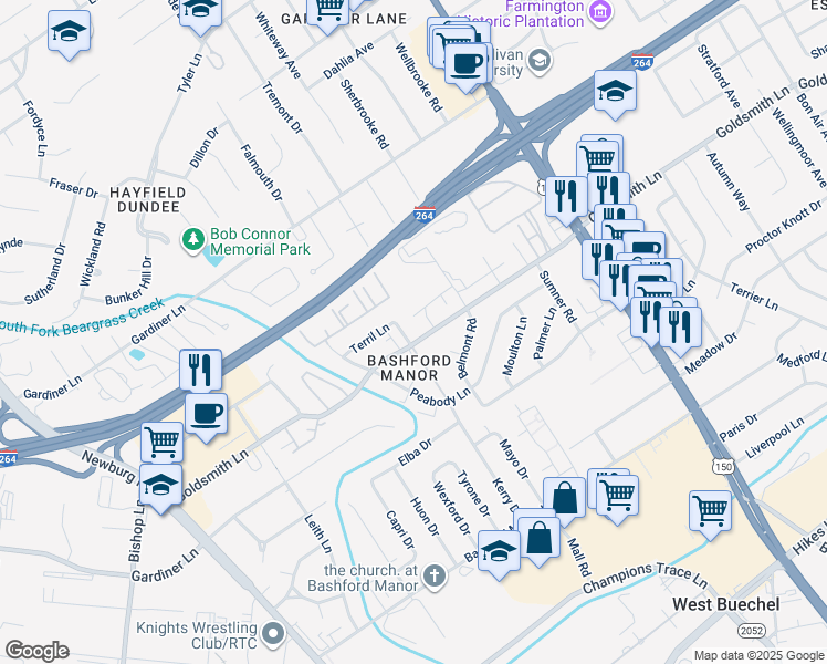 map of restaurants, bars, coffee shops, grocery stores, and more near in Louisville