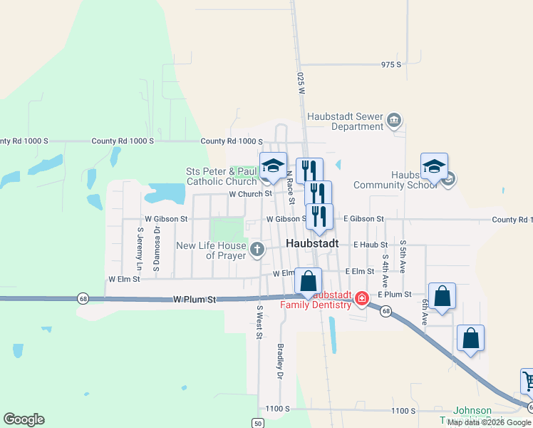 map of restaurants, bars, coffee shops, grocery stores, and more near 100-304 North West Street in Haubstadt
