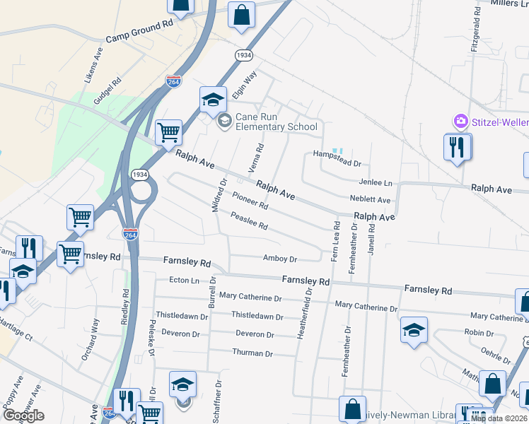 map of restaurants, bars, coffee shops, grocery stores, and more near 2231 Peaslee Road in Louisville