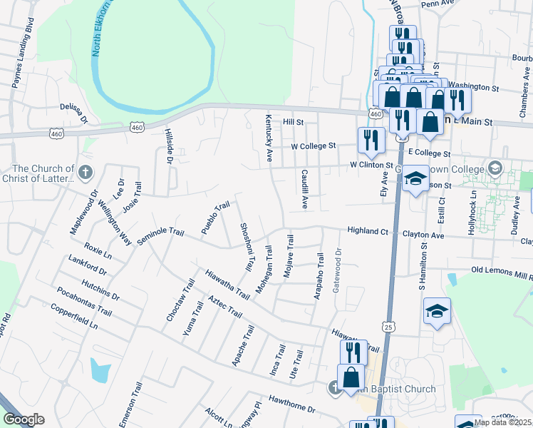 map of restaurants, bars, coffee shops, grocery stores, and more near 583 Mohegan Trail in Georgetown