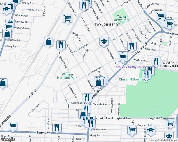 map of restaurants, bars, coffee shops, grocery stores, and more near 1404 Earl Avenue in Louisville
