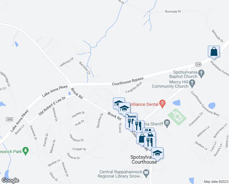 map of restaurants, bars, coffee shops, grocery stores, and more near 9104 Old Battlefield Boulevard in Spotsylvania Courthouse