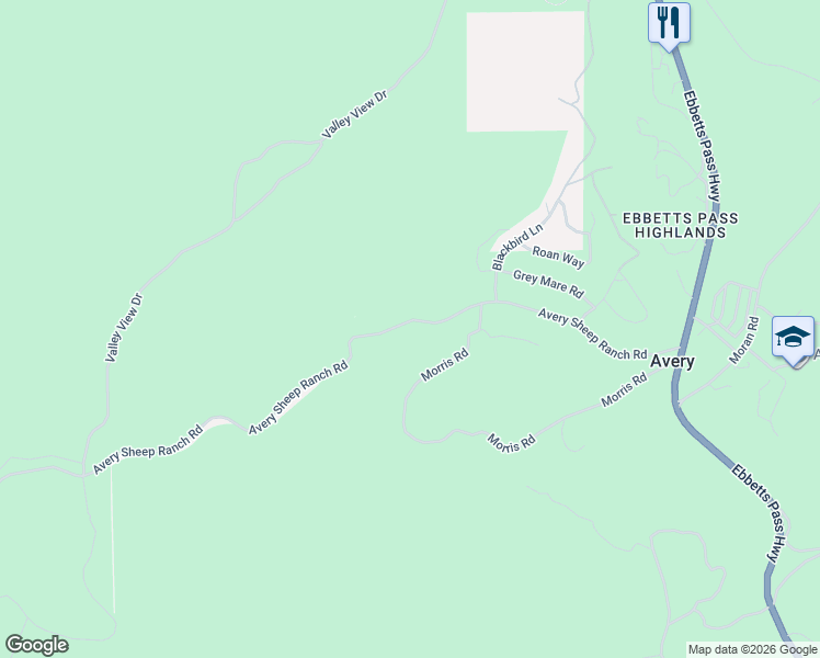 map of restaurants, bars, coffee shops, grocery stores, and more near 559 Avery Sheep Ranch Road in Avery
