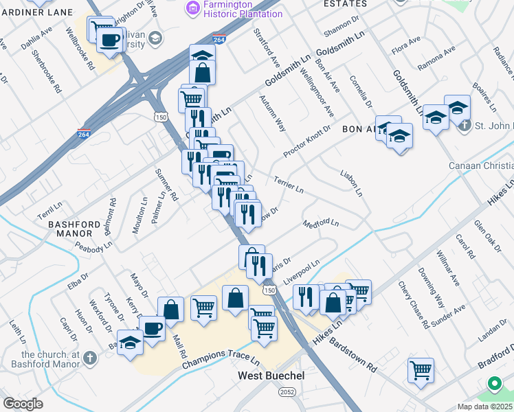 map of restaurants, bars, coffee shops, grocery stores, and more near 3410 Rowena Road in Louisville