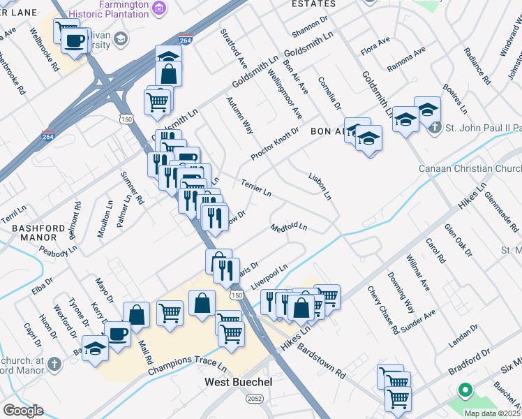 map of restaurants, bars, coffee shops, grocery stores, and more near 3504 Dilkon Court in Louisville
