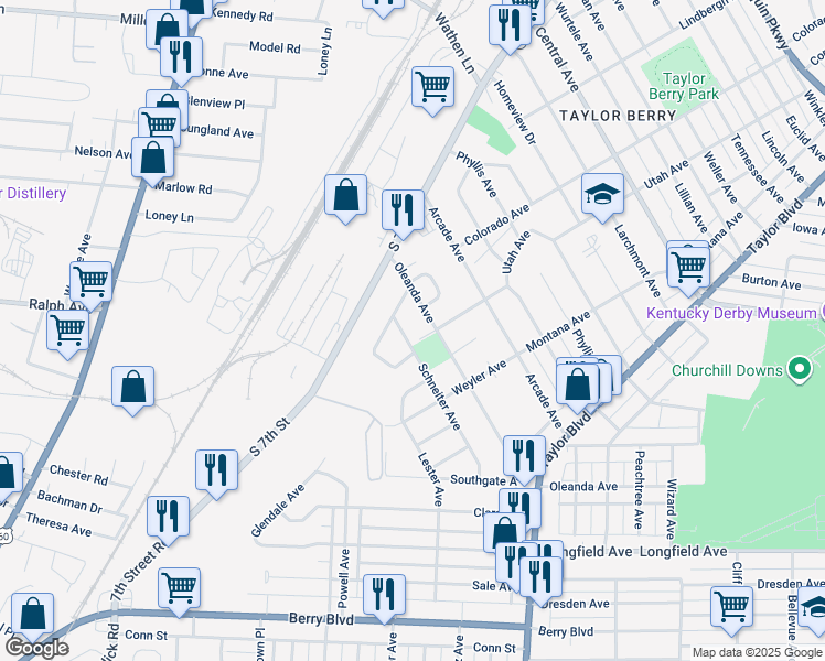 map of restaurants, bars, coffee shops, grocery stores, and more near 1506 Oleanda Avenue in Louisville