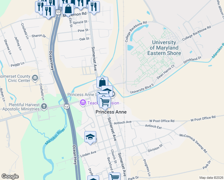 map of restaurants, bars, coffee shops, grocery stores, and more near 11796 Beechwood Street in Princess Anne
