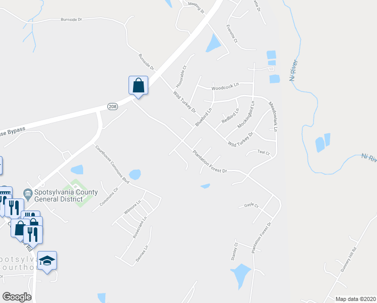 map of restaurants, bars, coffee shops, grocery stores, and more near 7100 Plantation Forest Drive in Spotsylvania
