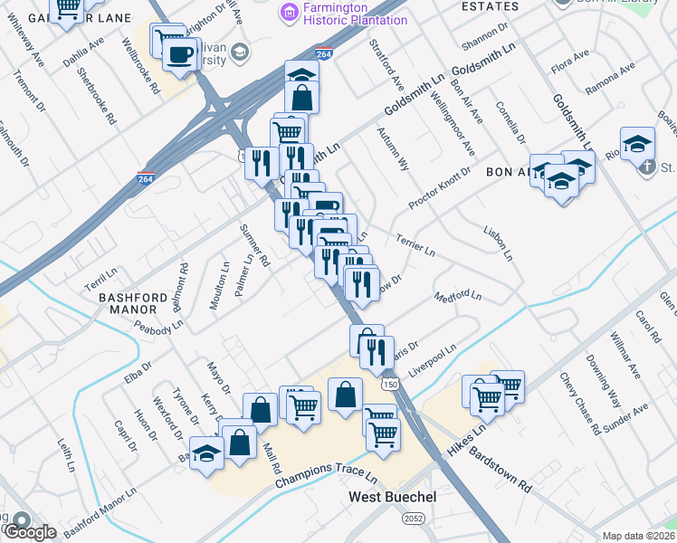 map of restaurants, bars, coffee shops, grocery stores, and more near in Louisville
