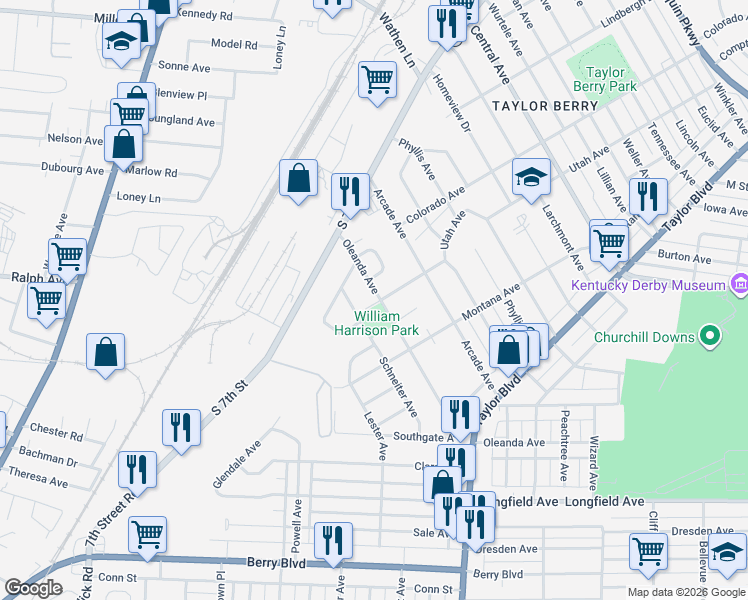 map of restaurants, bars, coffee shops, grocery stores, and more near 1500 Oleanda Avenue in Louisville