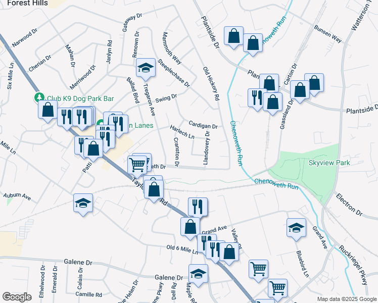 map of restaurants, bars, coffee shops, grocery stores, and more near 2716 Durbing Avenue in Jeffersontown