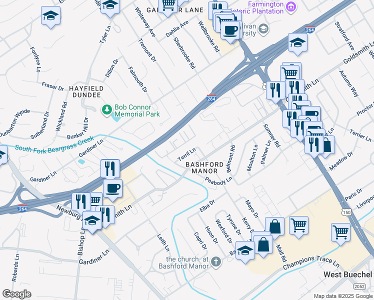 map of restaurants, bars, coffee shops, grocery stores, and more near 2004 Terril Lane in Louisville
