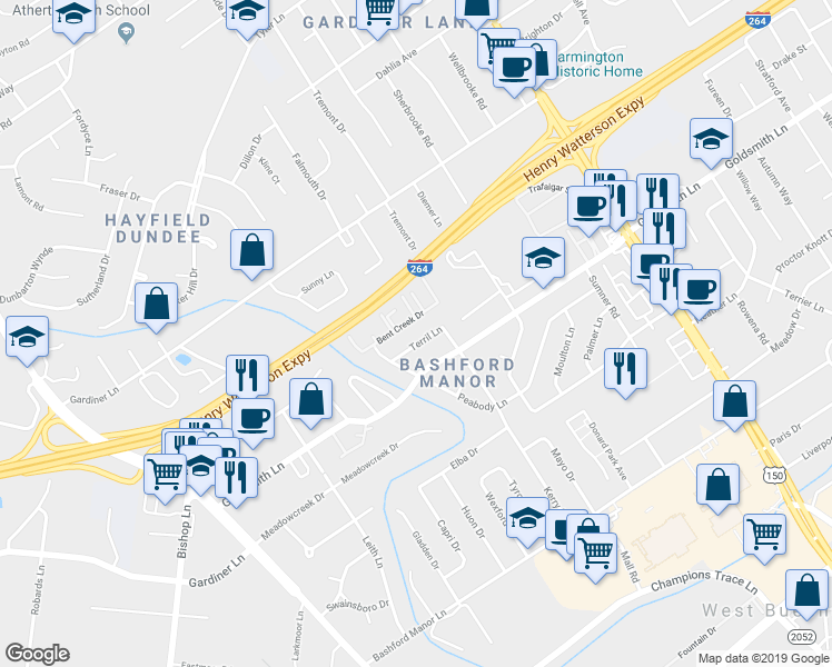 map of restaurants, bars, coffee shops, grocery stores, and more near 2004 Terril Lane in Louisville