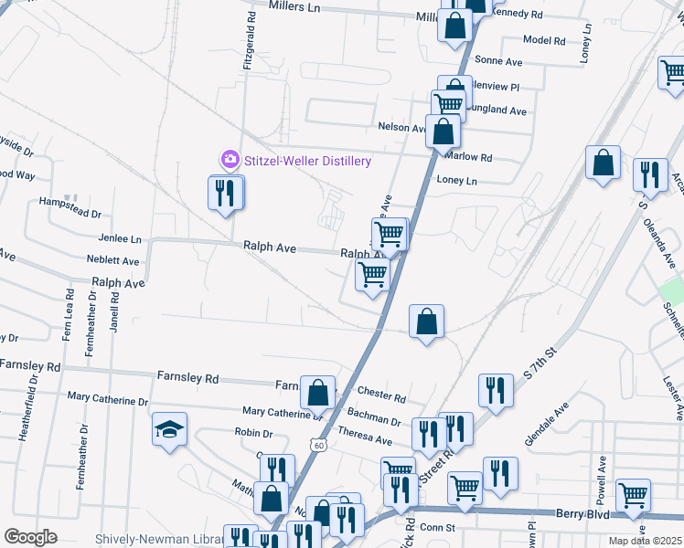 map of restaurants, bars, coffee shops, grocery stores, and more near 1900 Ramser Court in Louisville